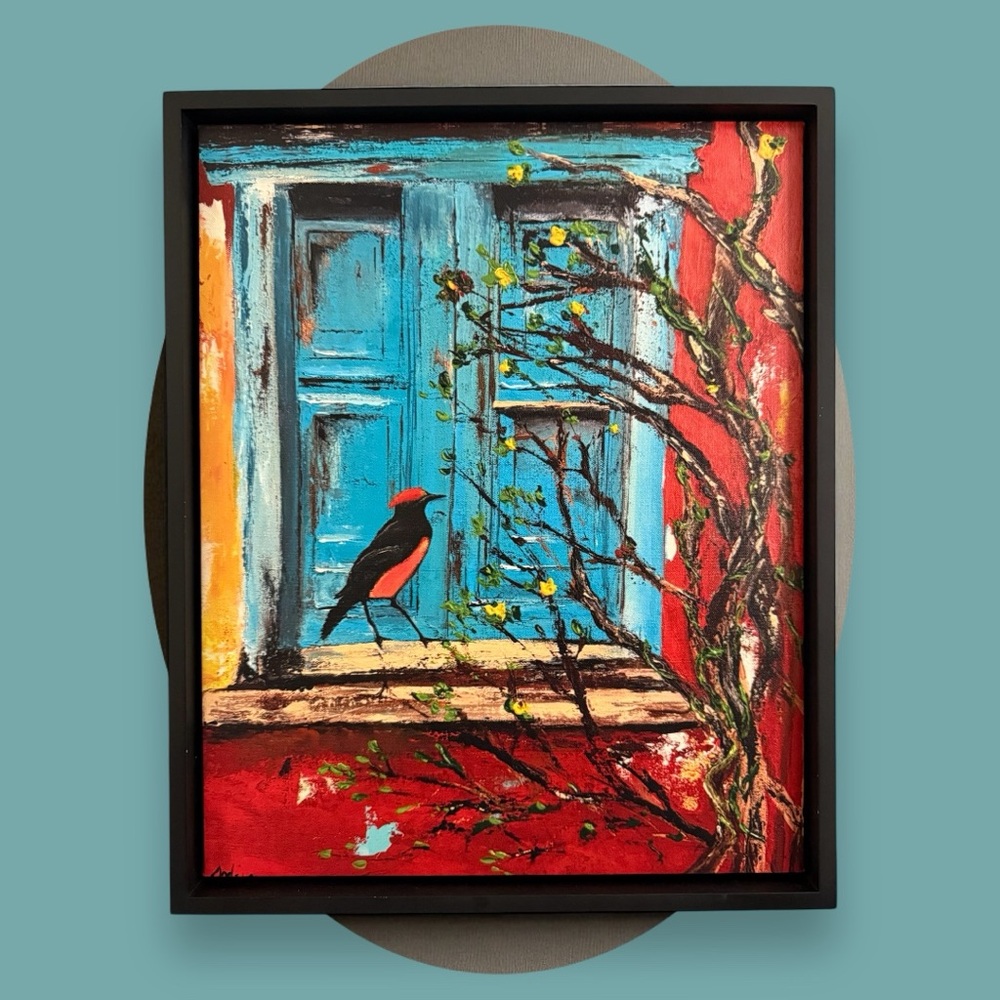 Vibrant Framed Art with Blue and Red Accents